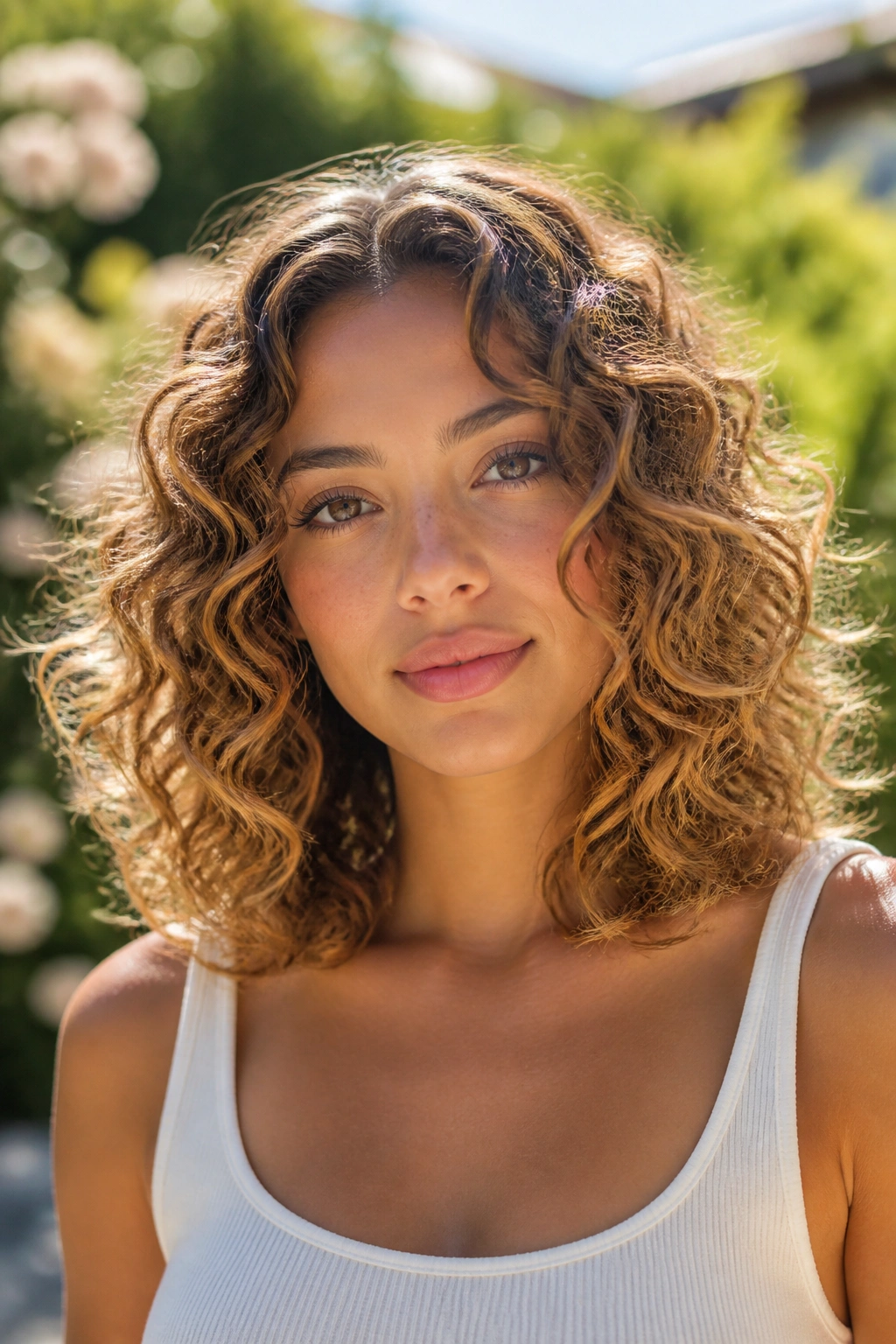 Close-up of woman with shoulder-length honey curls and soft layers in a sunny garden