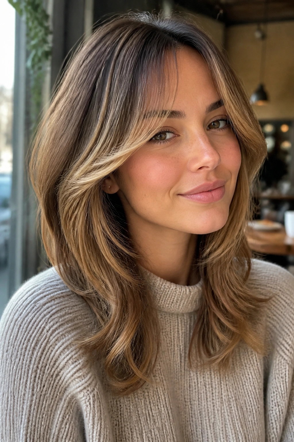 Portrait of a woman with curtain bangs and face-framing layers in honey color