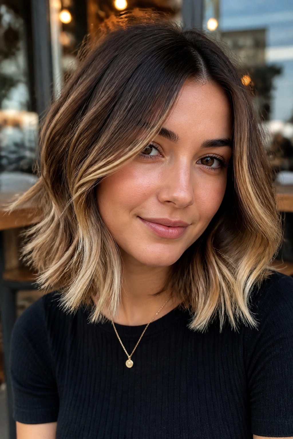 Lob haircut with honey-toned light ends in warm light