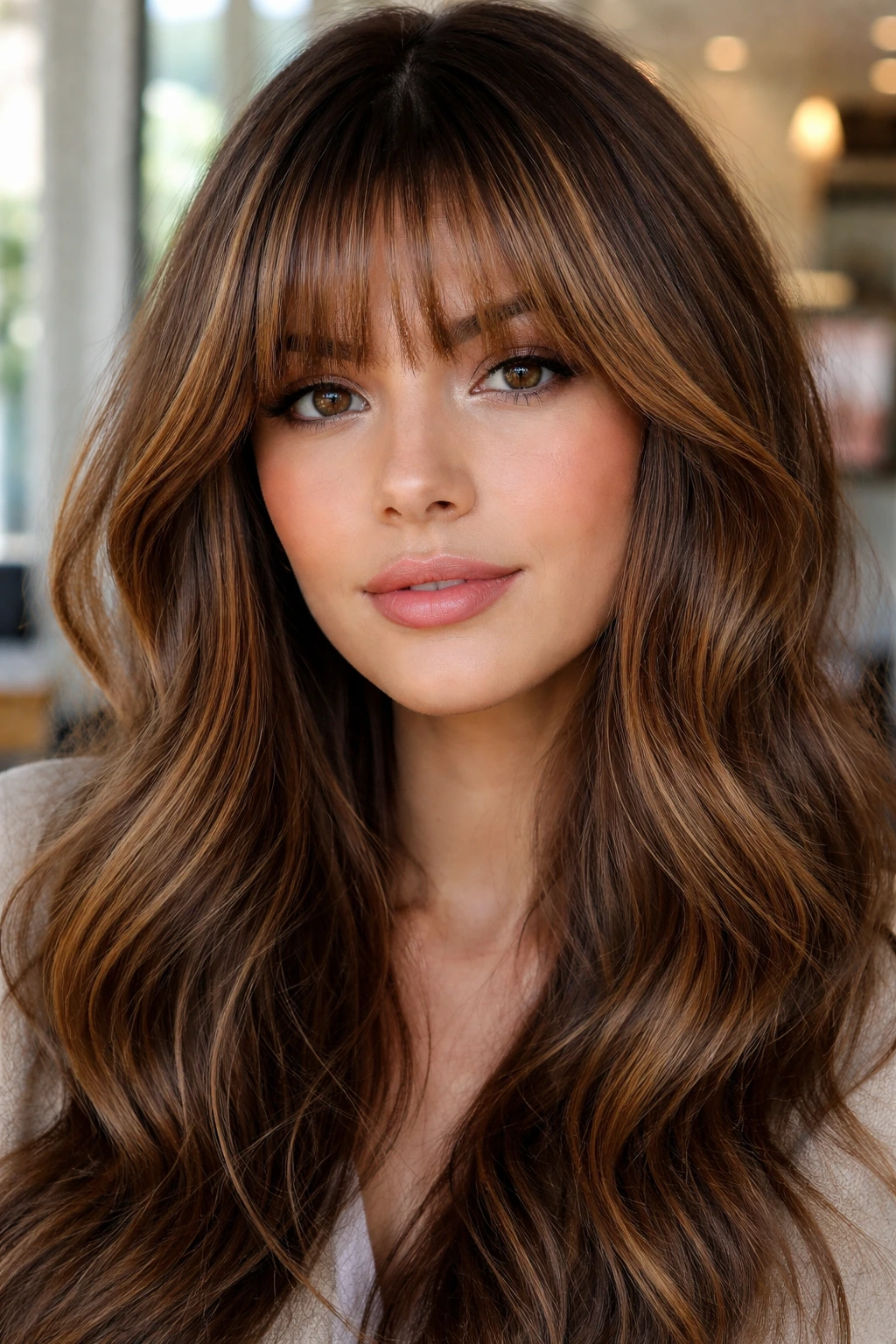 Close-up of real woman with honey babylights in fringe framing her eyes.