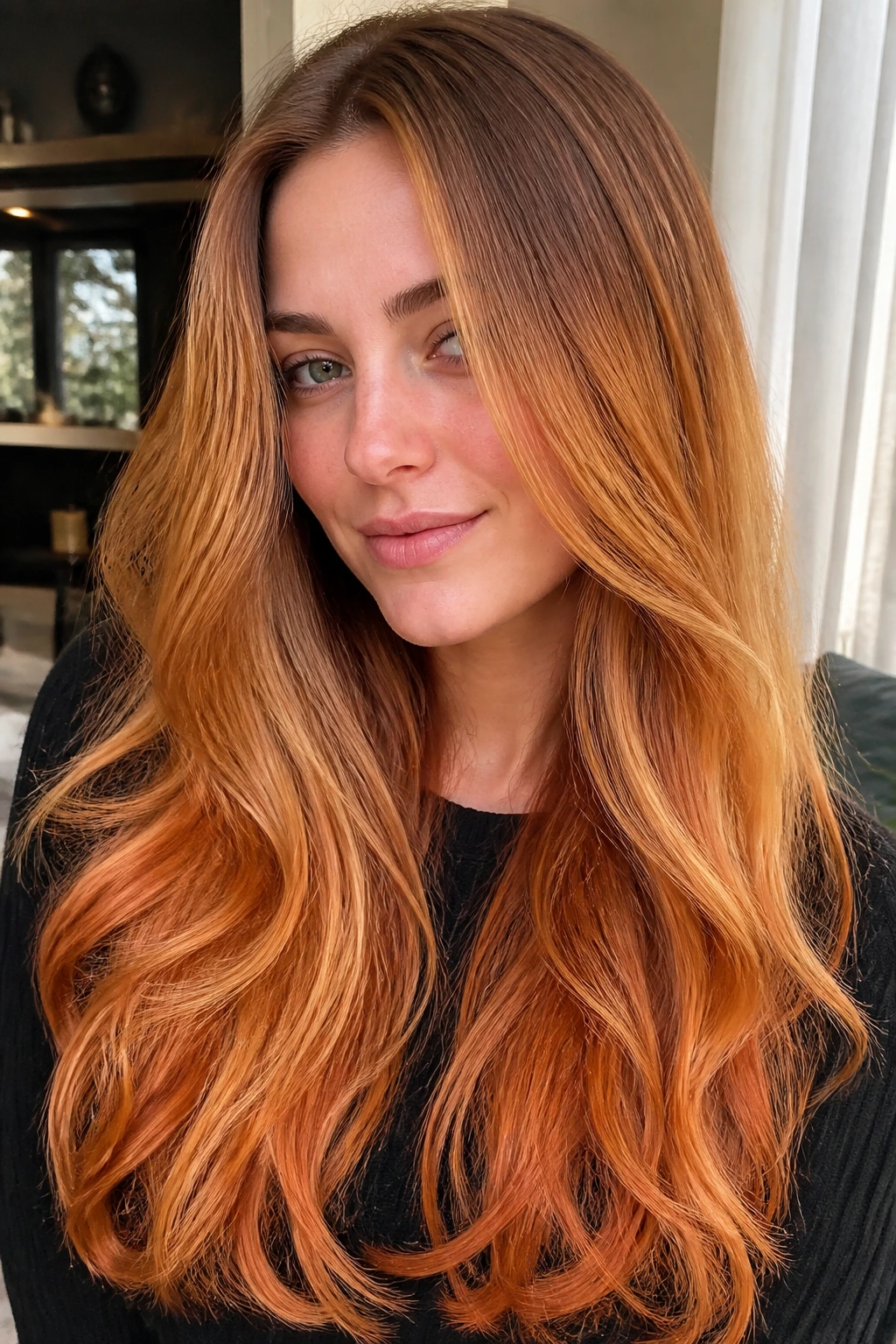 Close-up portrait of a real woman with honey-ginger melt on long hair in warm window light