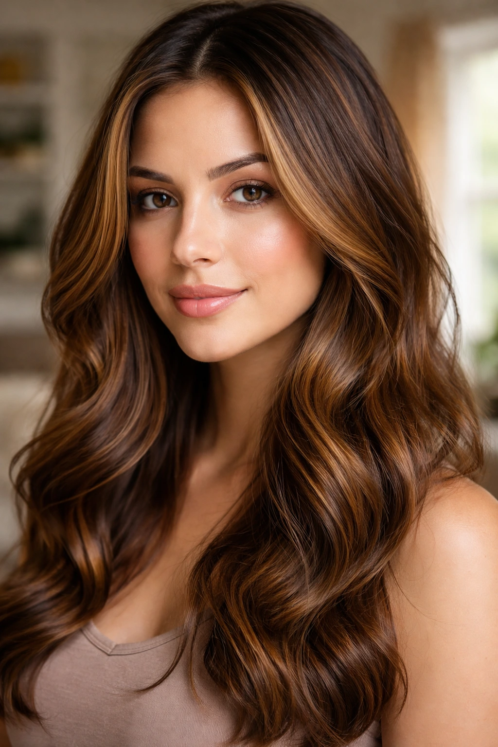 Close-up of real woman with warm honey glaze adding shine to brown hair.