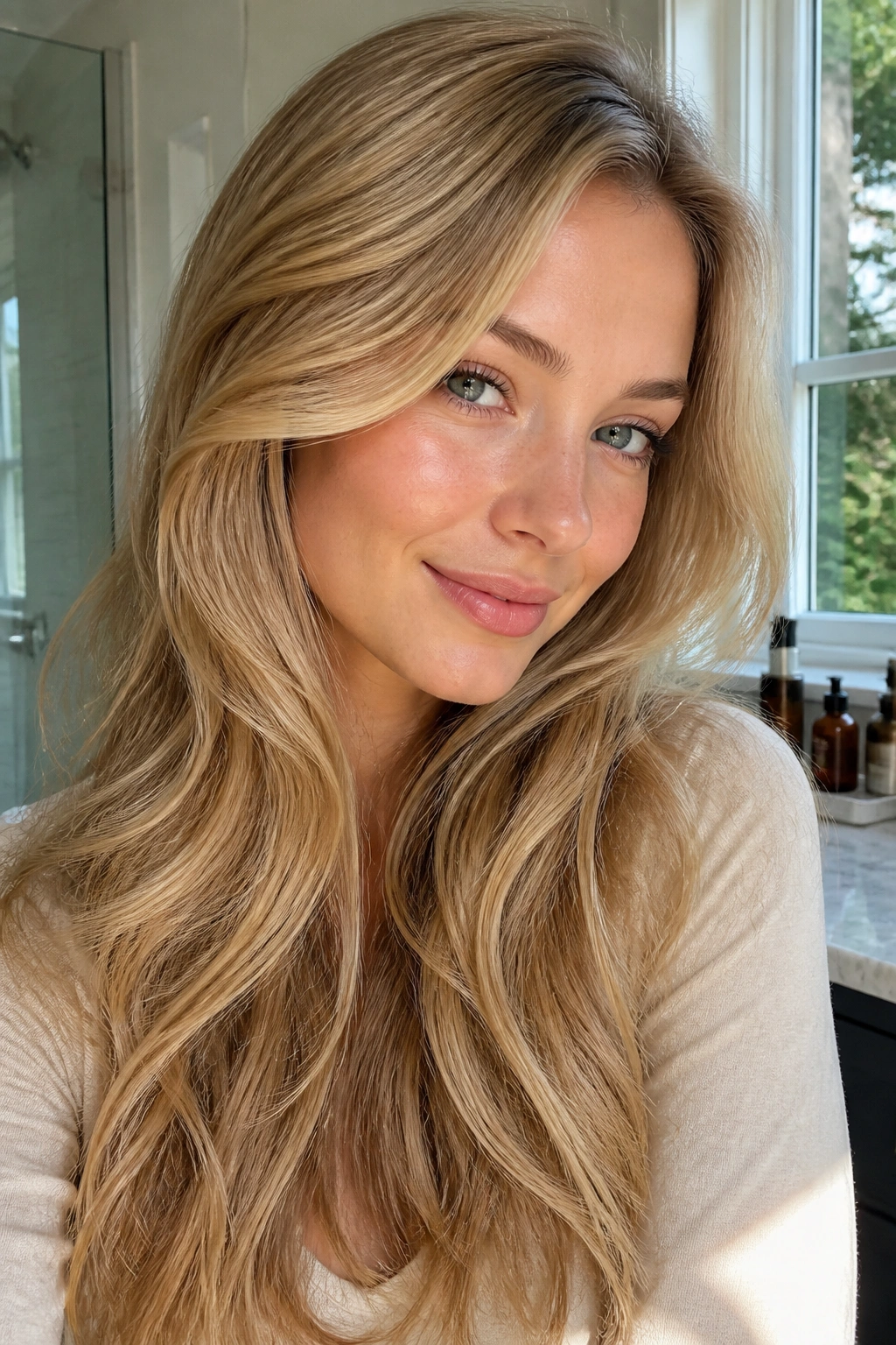 Close-up of sandy blonde hair with honey gloss on a real woman under natural light.