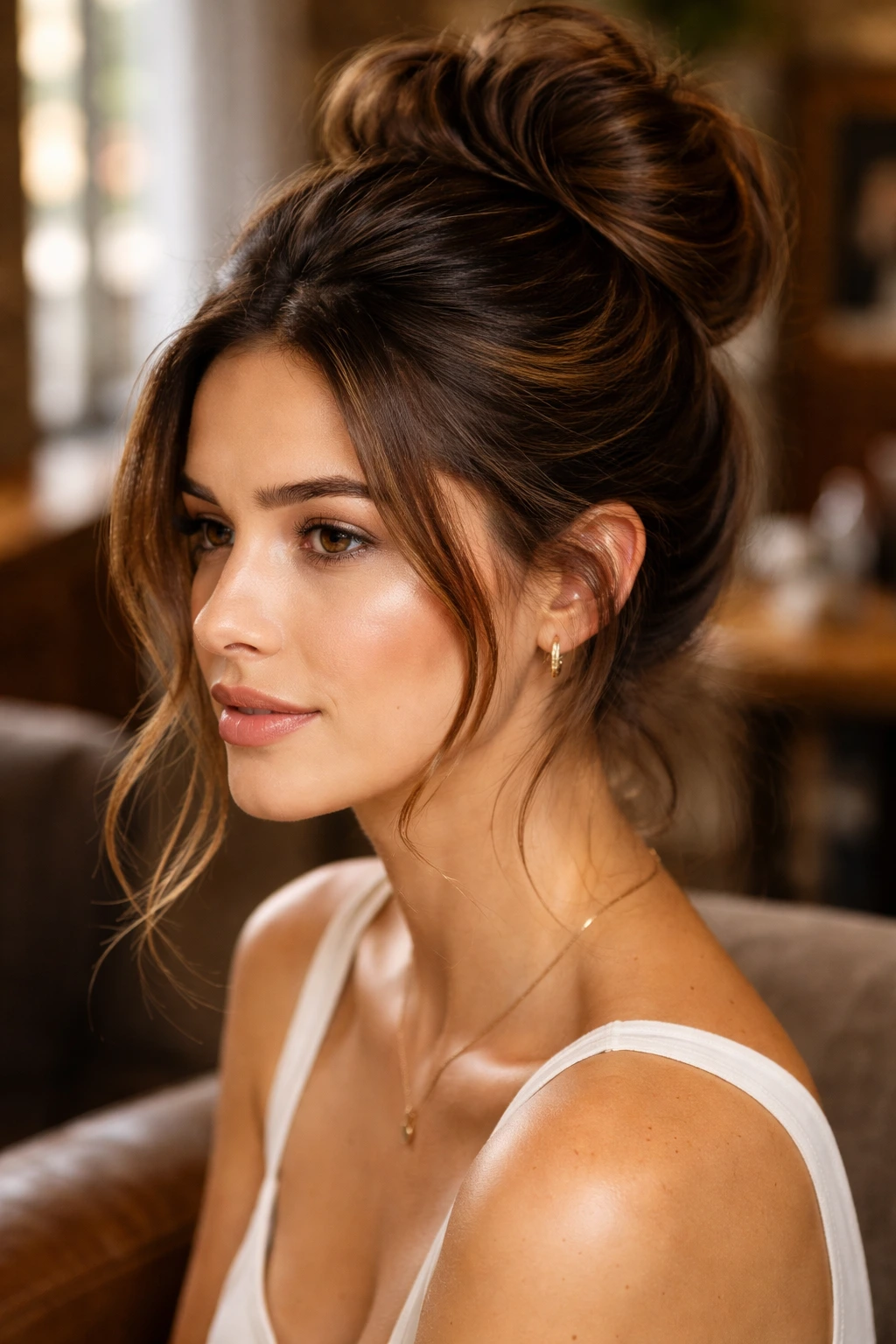Close-up portrait of a real woman with a halo highlight around the crown, updo, warm window light.