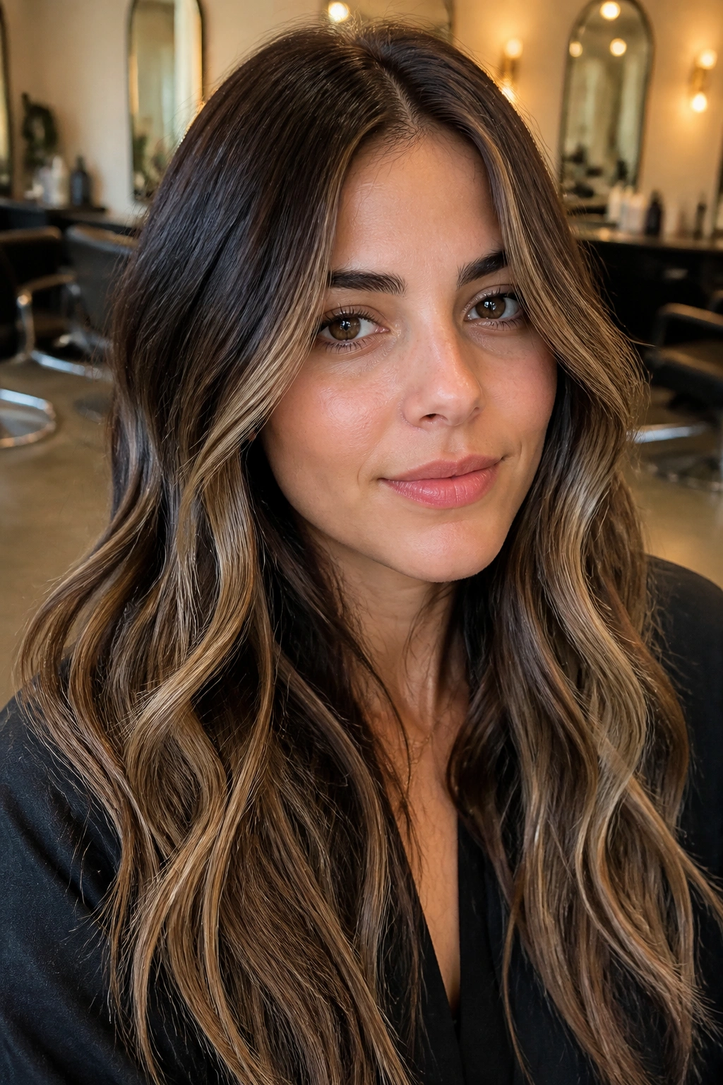 Close-up portrait of a real woman with deep brunette hair and beige-gold honey highlights around the face