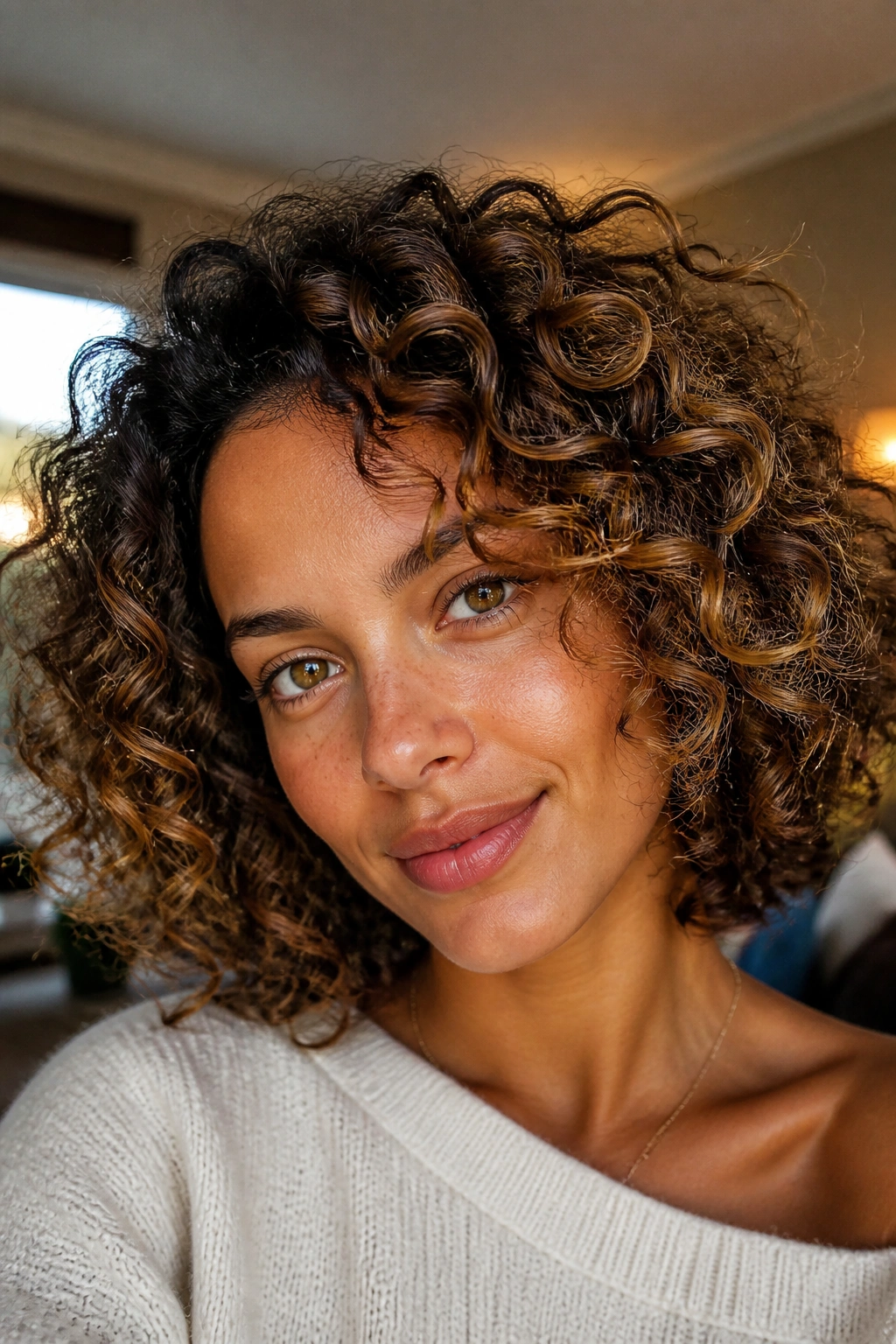 Real woman with curly brown hair and honey highlights on the outer curls.