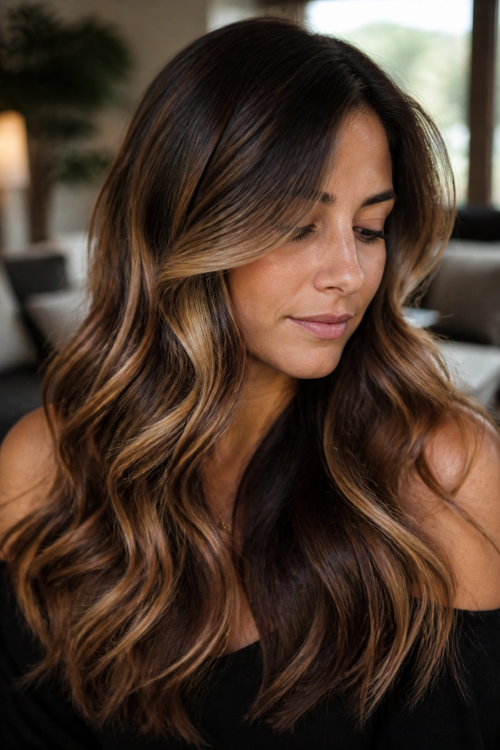 Close-up of a real woman with honey blonde highlights on dark brown hair