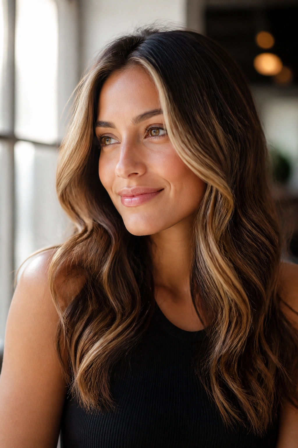 Close-up of a woman with honey face-framing highlights around the cheeks.