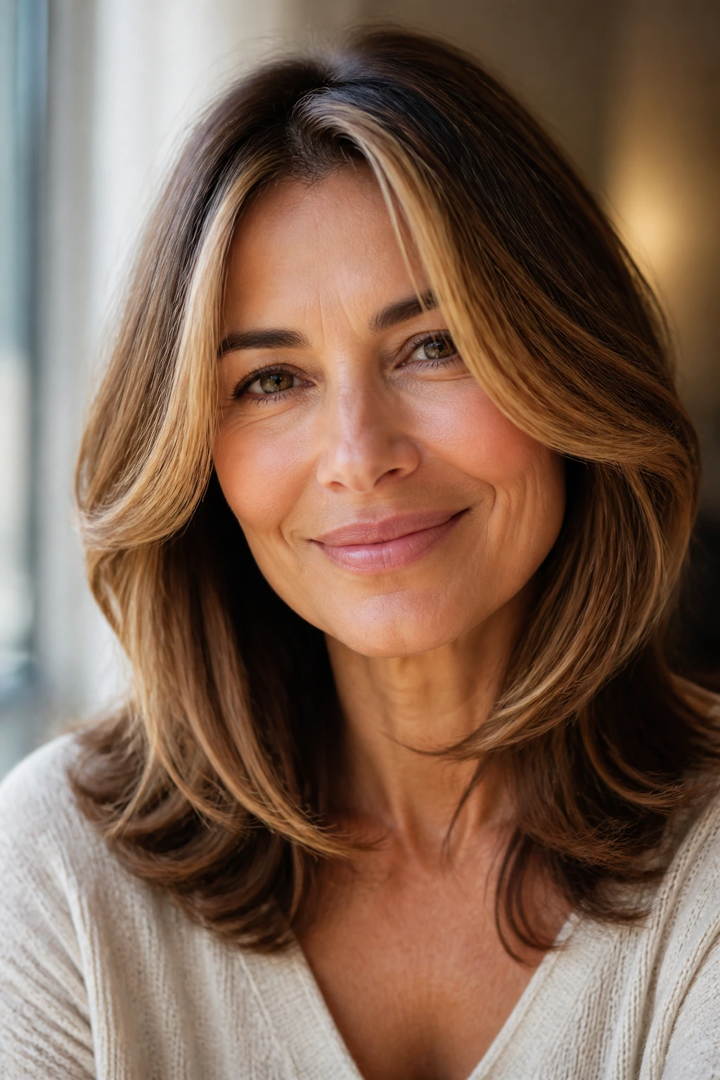 Close-up of a woman's face with honey highlights around the eyes