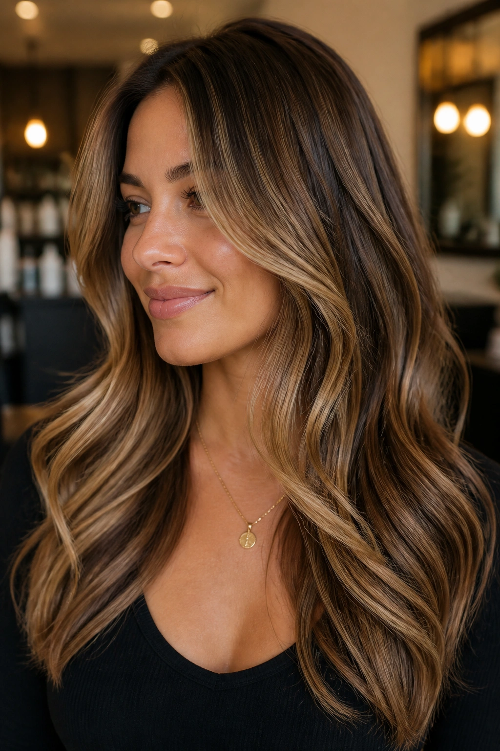 Portrait showing honey highlights with chestnut/mocha lowlights for depth.