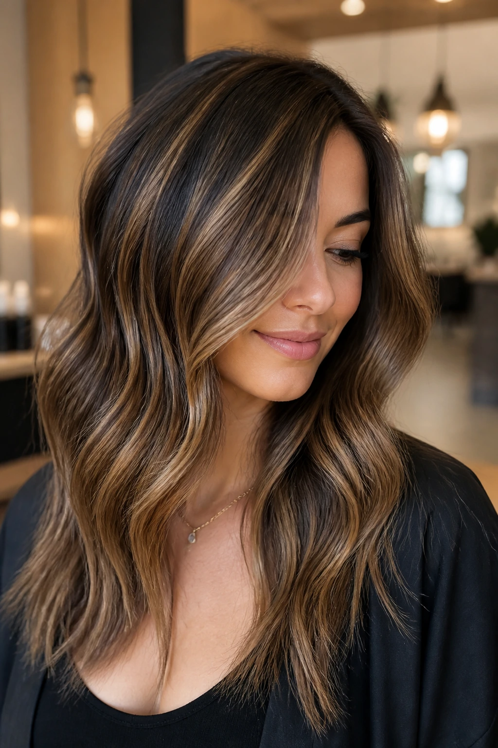 Close-up of a real person showing dimension from honey highlights and lowlights in brown hair