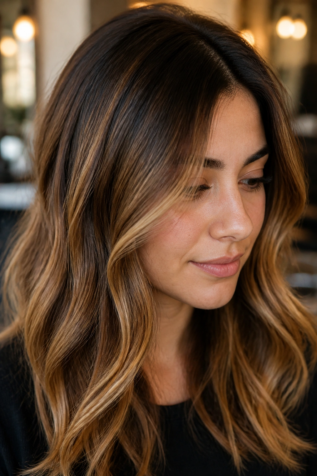 Close-up portrait of a real woman with honey highlights and soft root smudge on brown hair, warm salon lighting