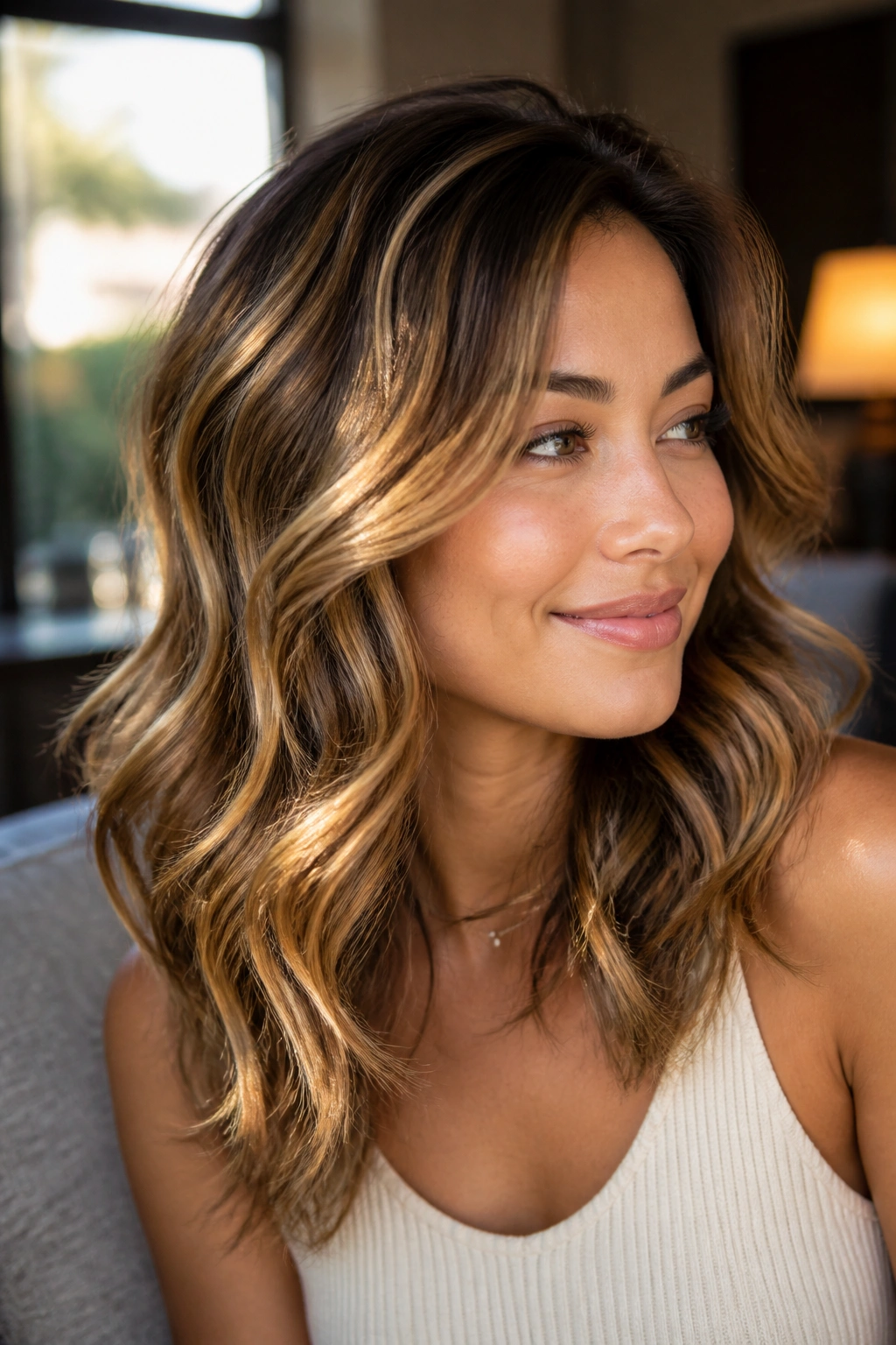 Close-up of a real woman with sunlit honey highlights on wavy layered hair