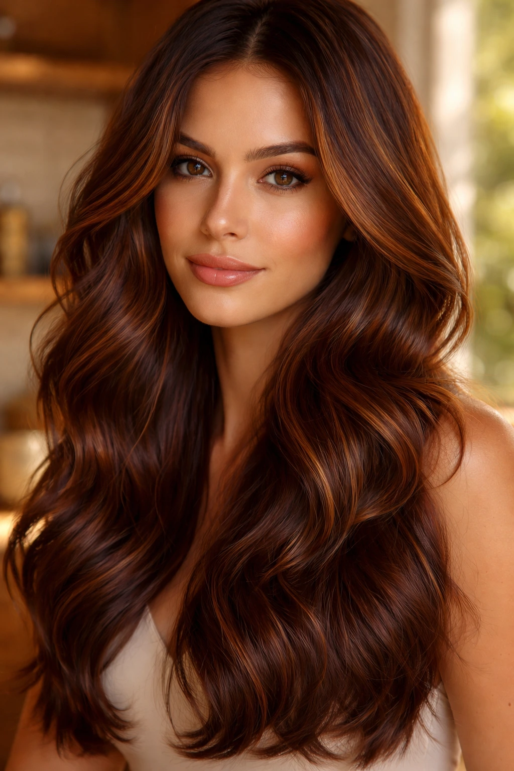 Close-up of a real woman with honey-infused mahogany hair filling the frame