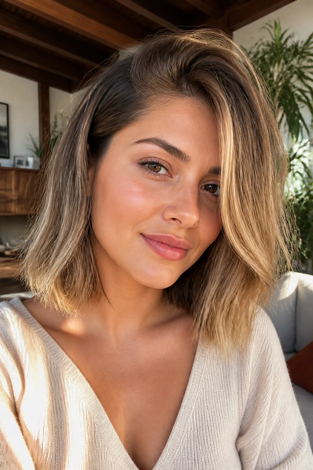 Real woman with deep side-part honey lob, warm highlights, blunt ends