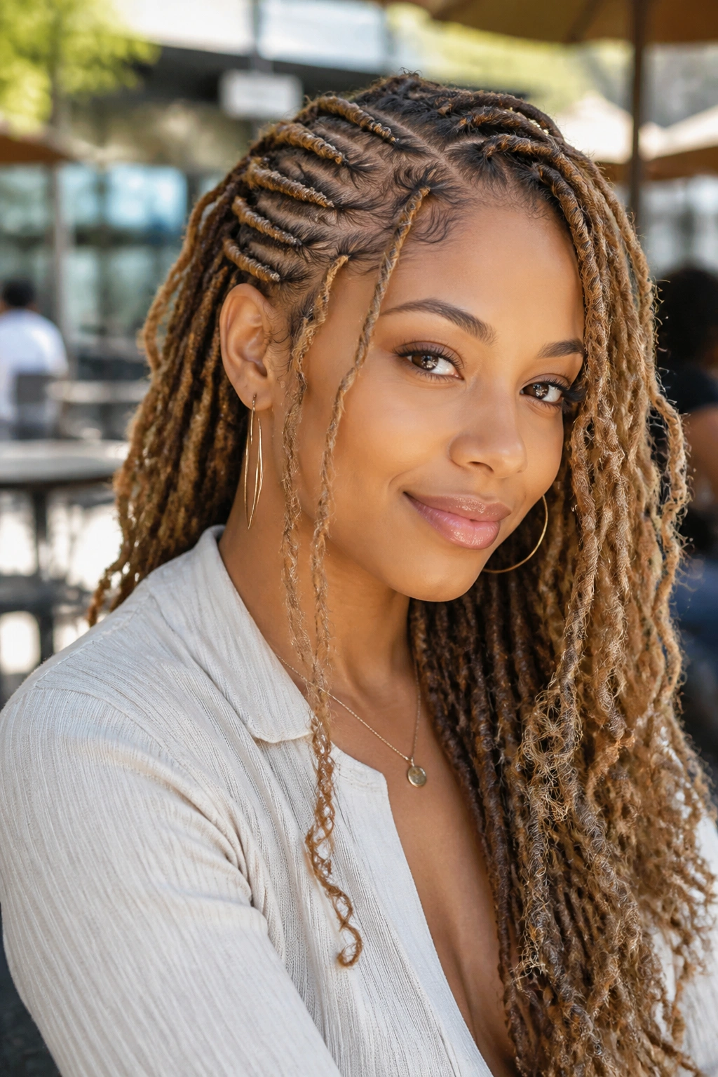 Close-up portrait of a real woman with honey locs and side part with face-framing pieces