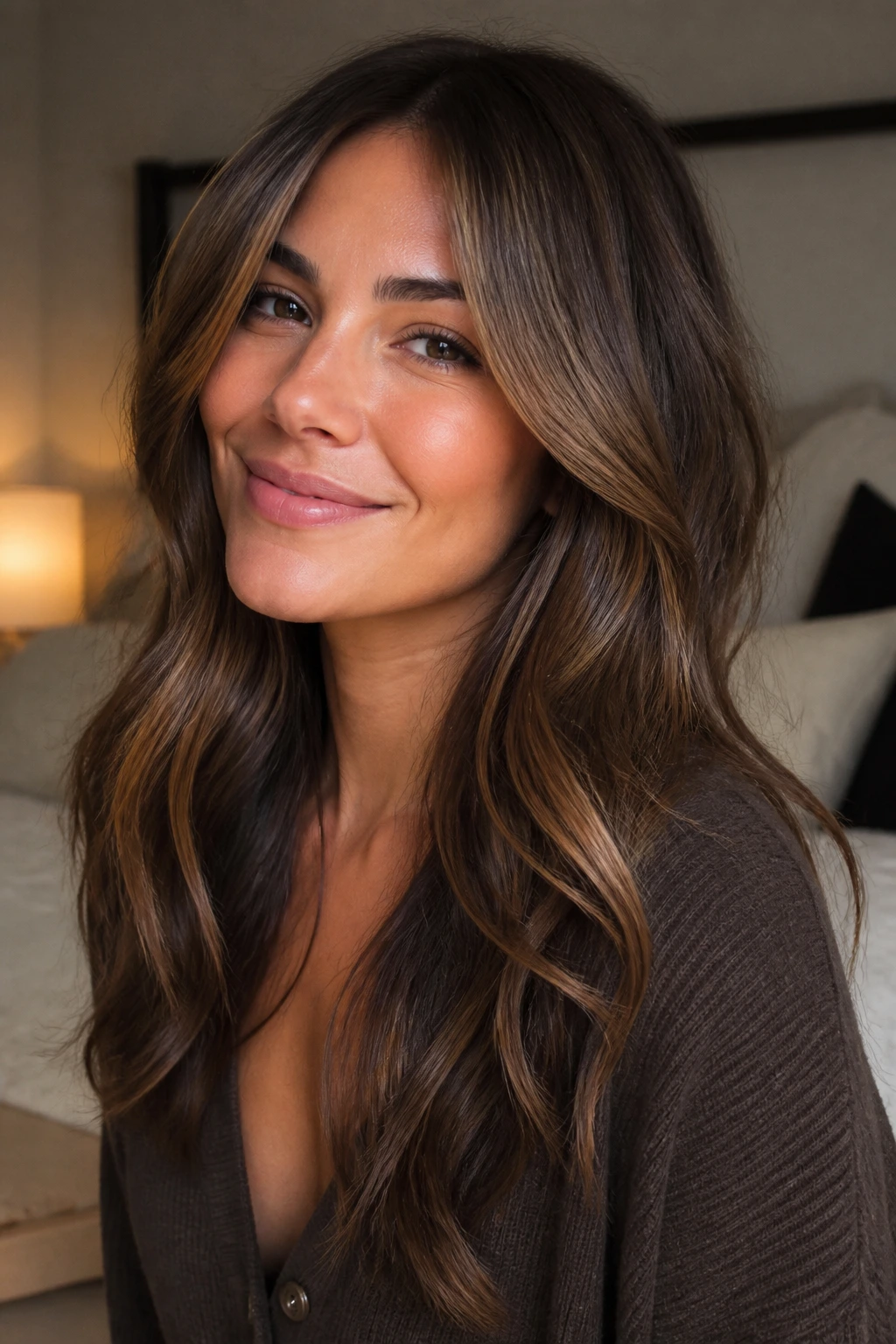Close-up of brunette with honey lowlights around the face