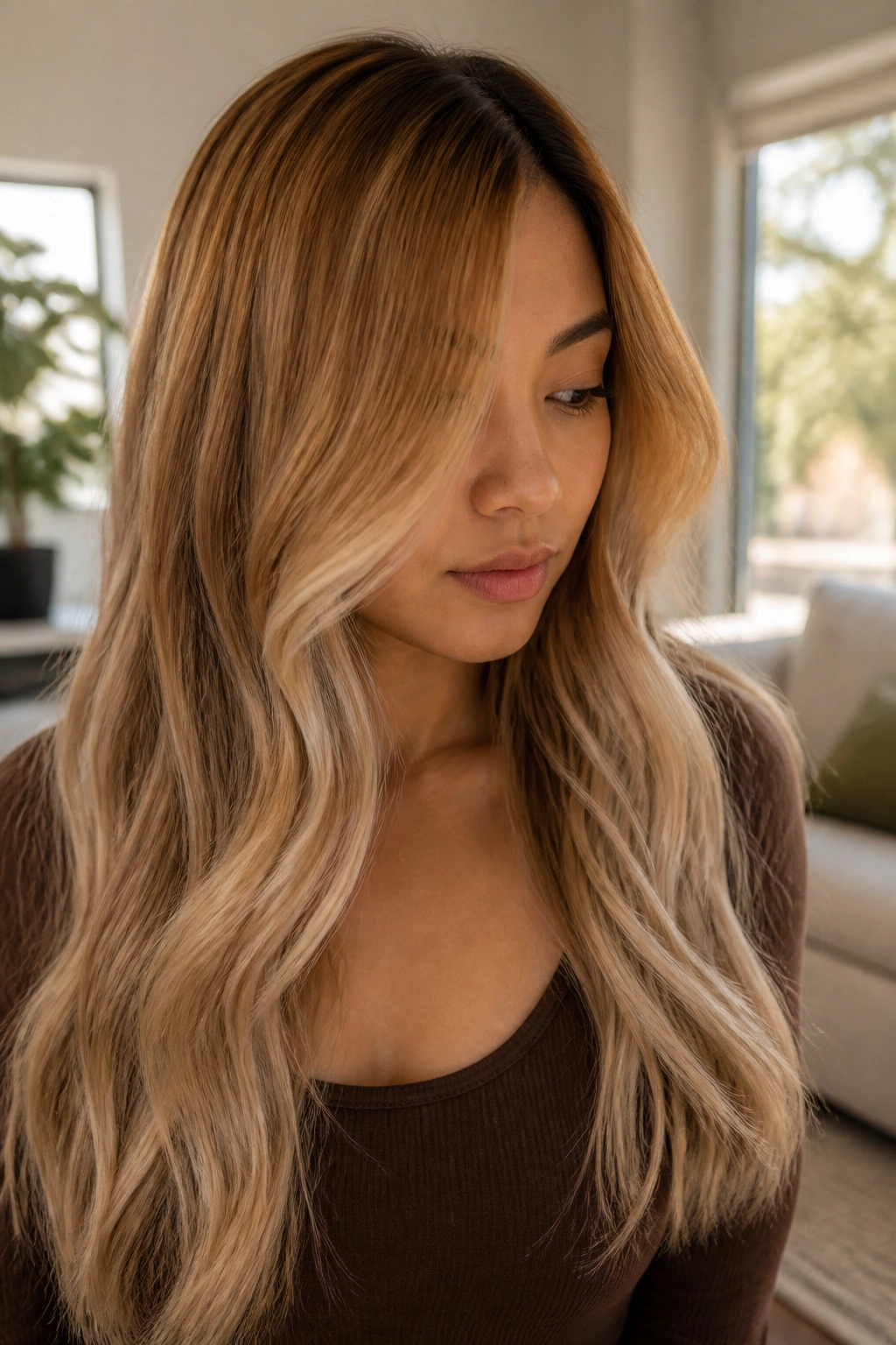 Close-up of a real woman with honey-to-milk tea blonde ombre in soft waves.