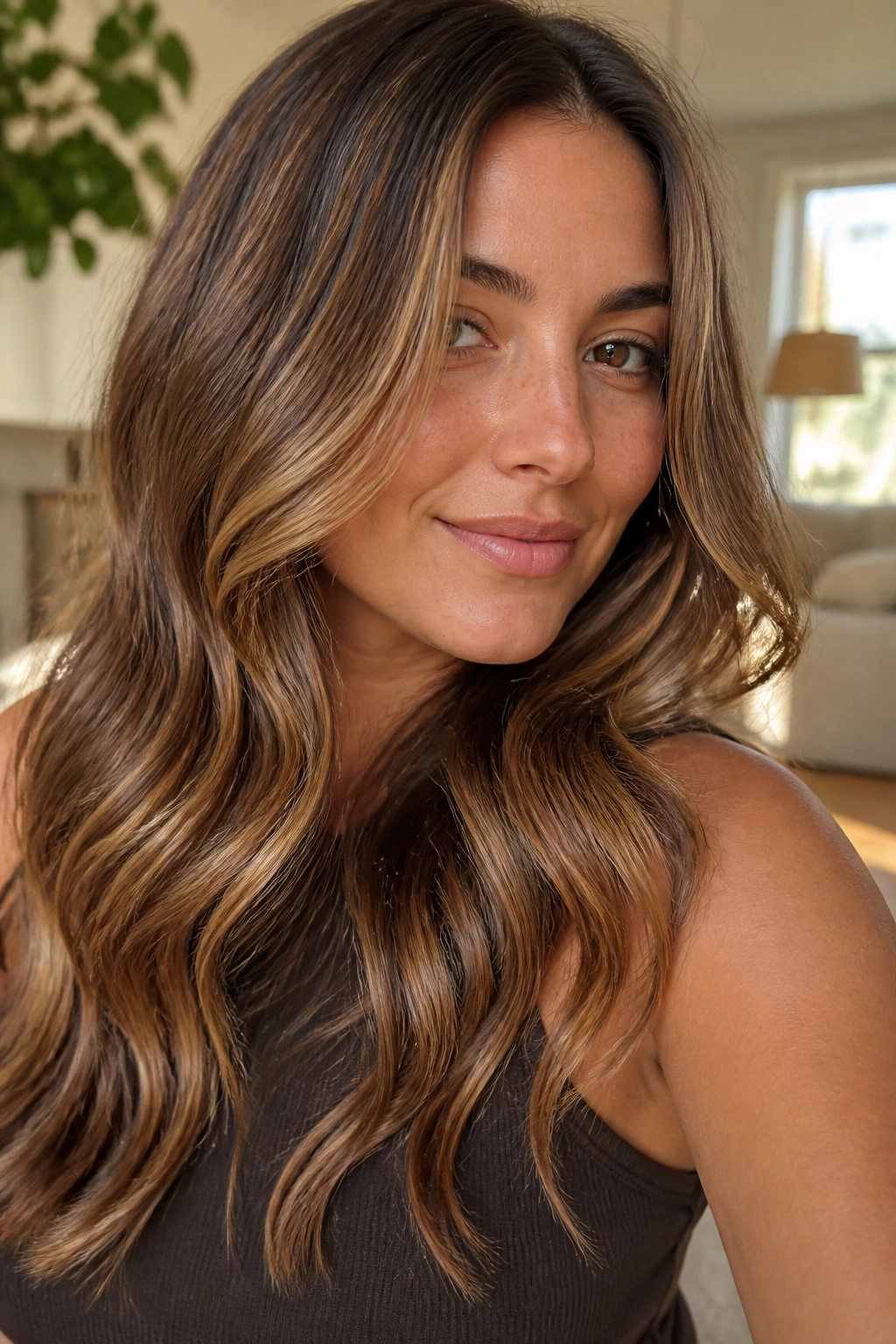 Close-up of a real woman with honey and mocha lowlights