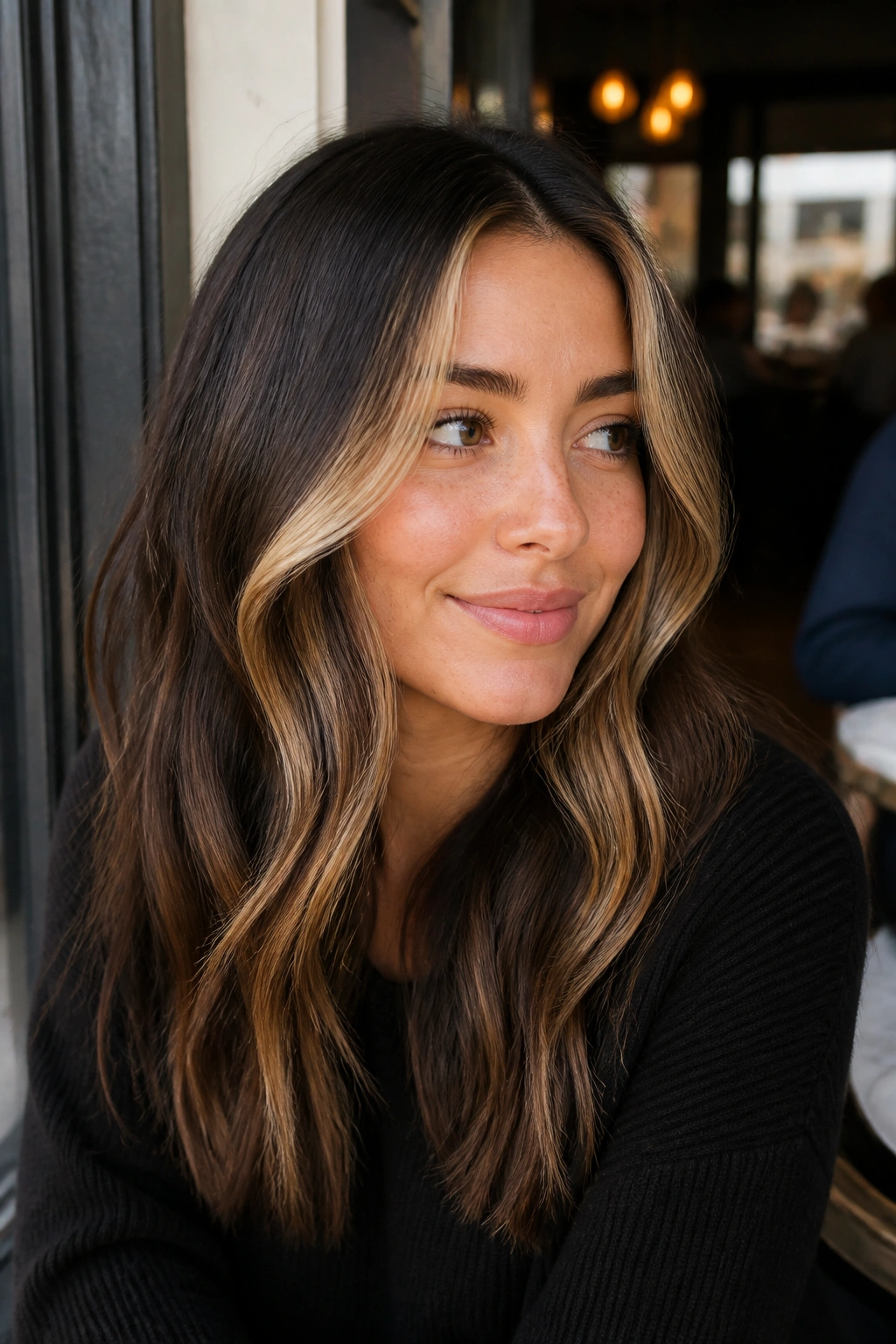 Portrait of a real woman with honey blonde money piece against dark brunette hair.