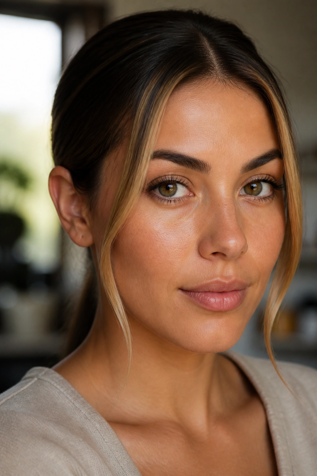 Close-up portrait of a real woman with honey money-piece face-framing highlights