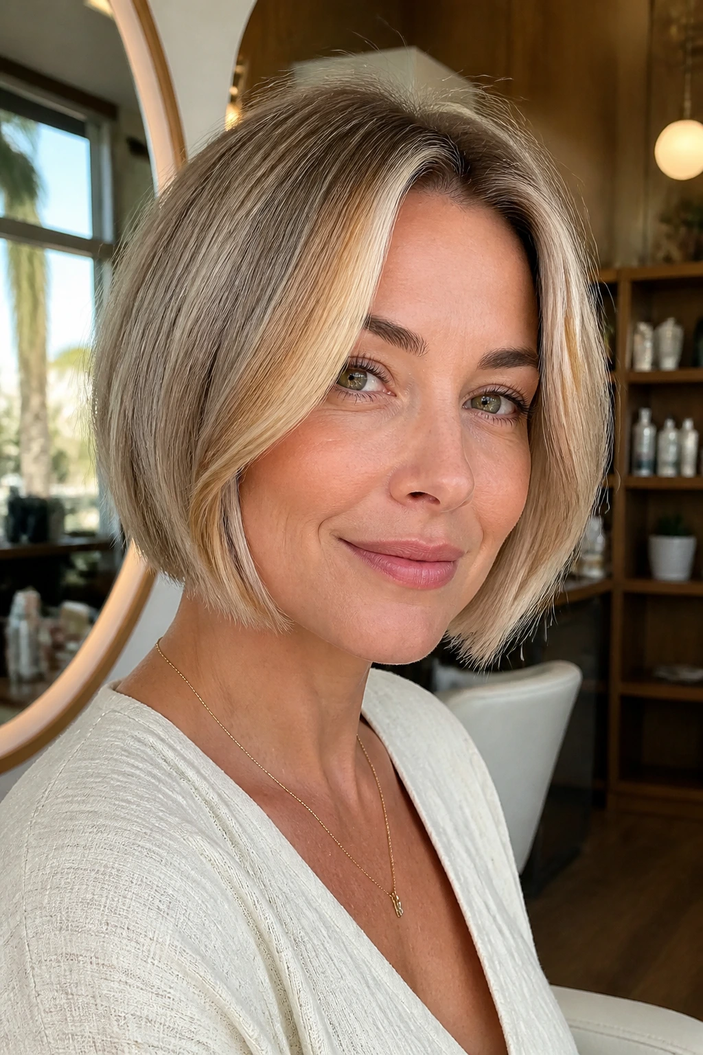 Close-up of a real woman with a short blonde bob showing a honey-toned money piece at the front.