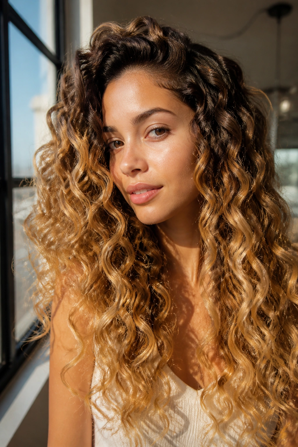 Close-up of a real woman with long curly hair featuring sunlit honey ombré and darker roots