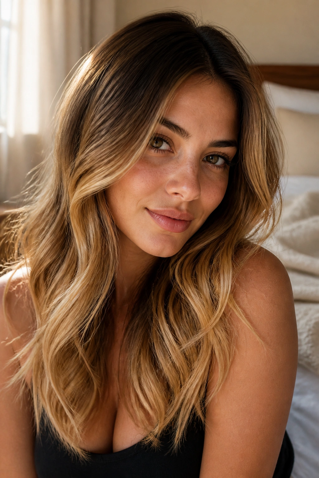 Close-up portrait of a woman with honey ombré hair and warm skin tone