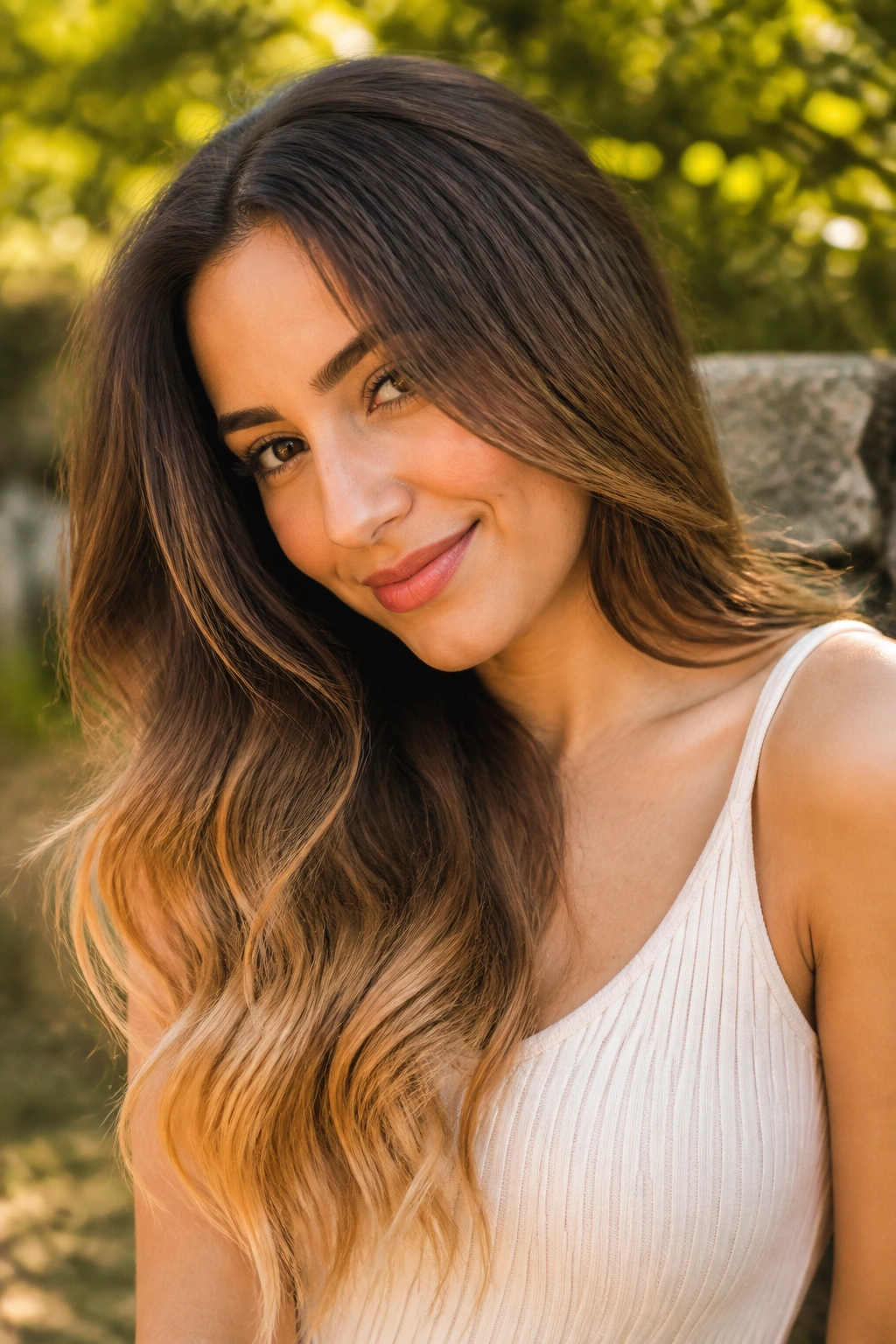 Close-up of a real woman with honey ombré from roots to ends on brown hair