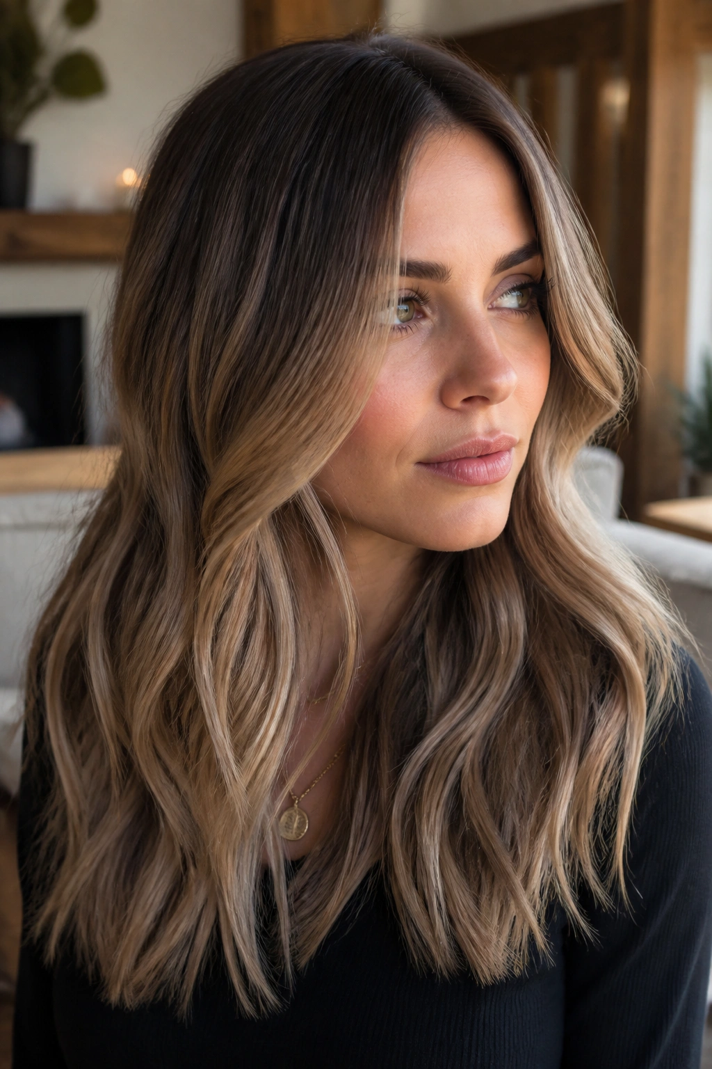 Close-up of a real woman with honey ombre and smoky finish on long hair