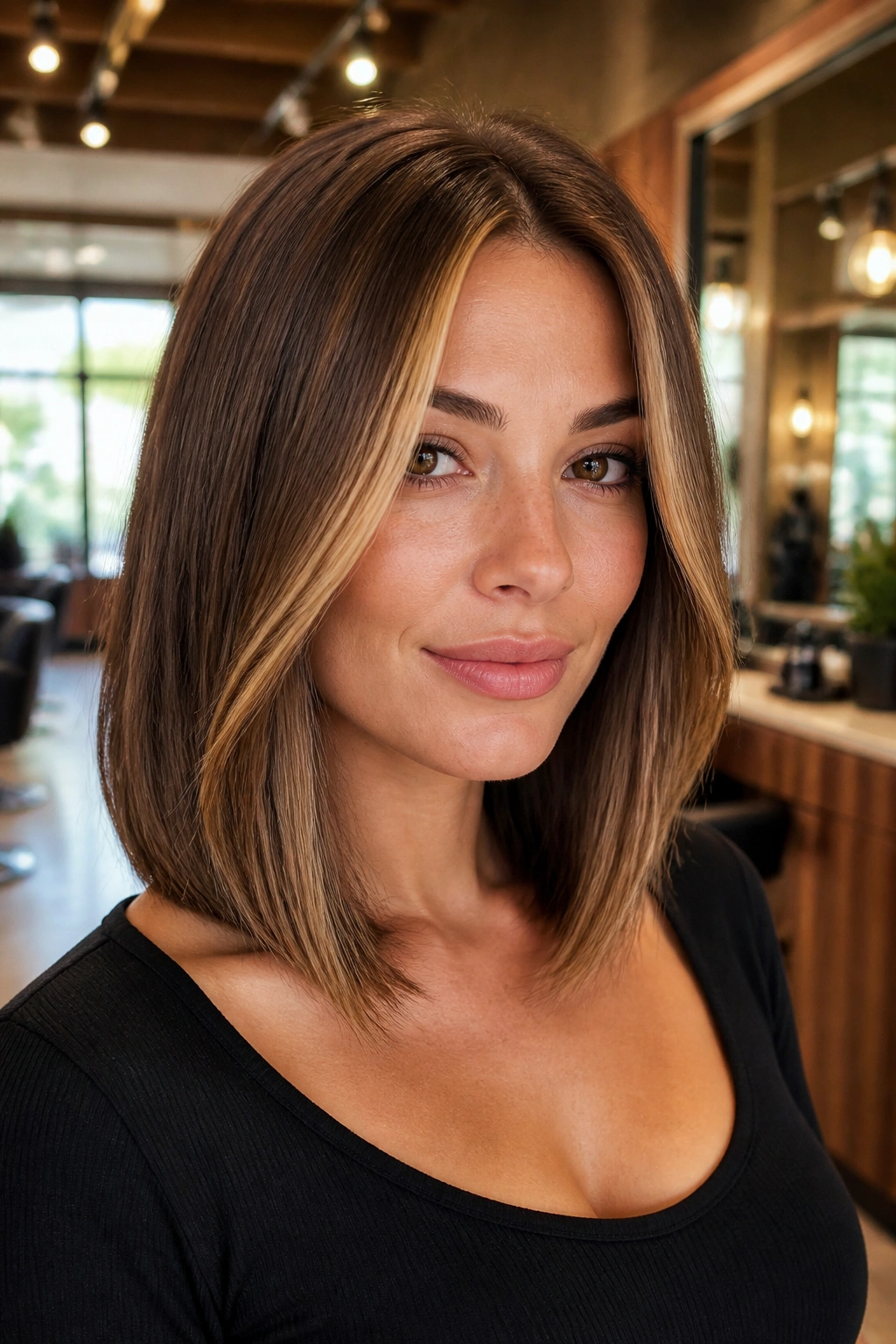 Portrait of a real woman with face-framing honey panels on a long bob