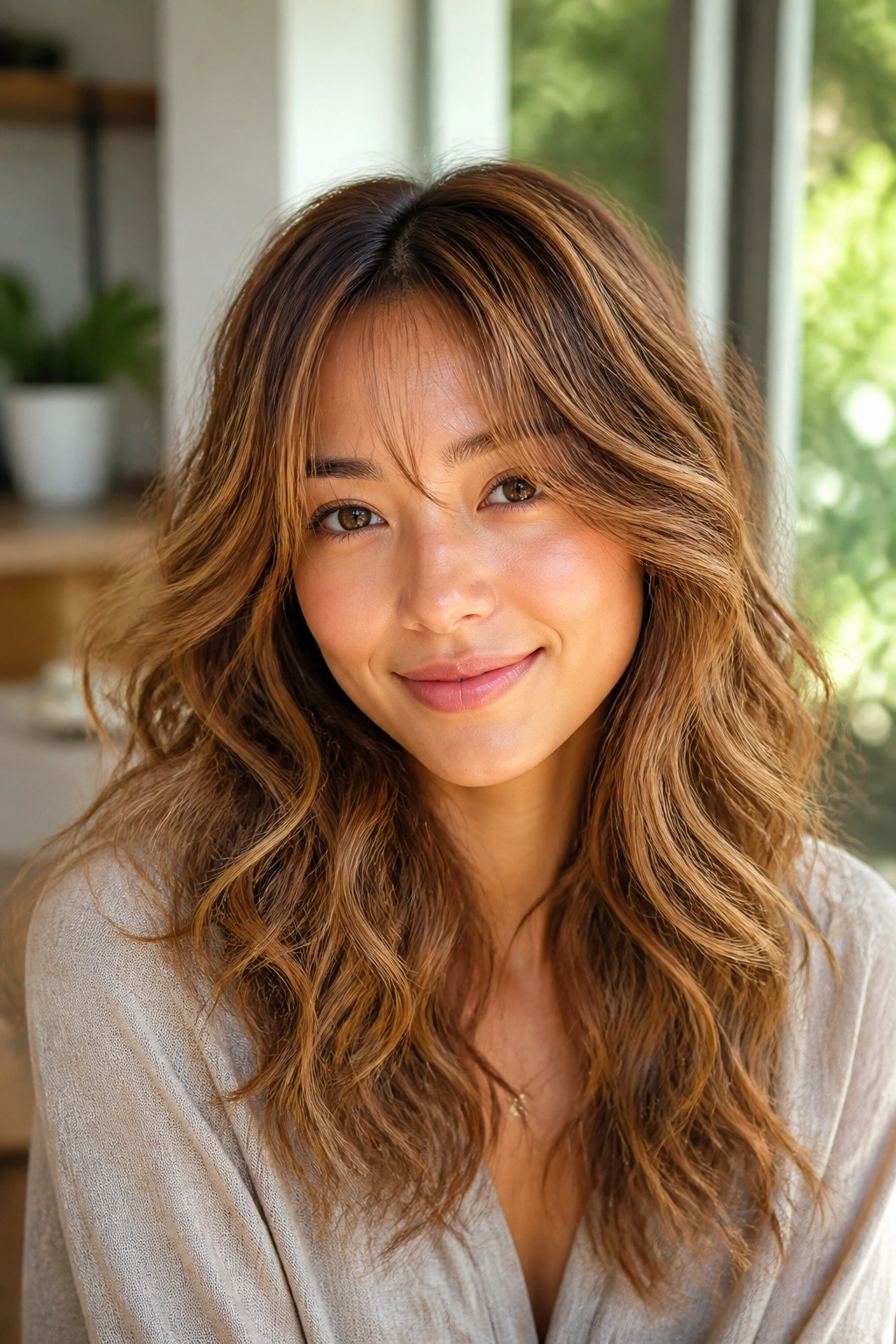 Real woman with loose honey perm and airy fringe.