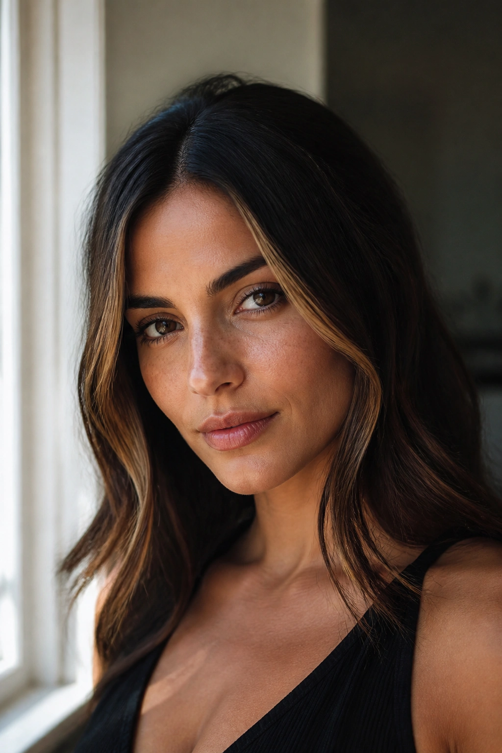 Close-up of a dark brunette with a front honey piece framing the face.