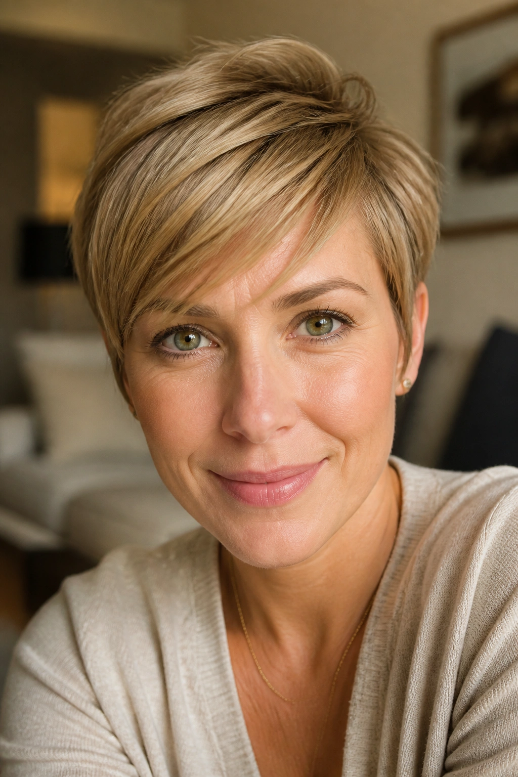 Close-up portrait of a woman with honey-blonde pixie and side-swept fringe in warm living room light