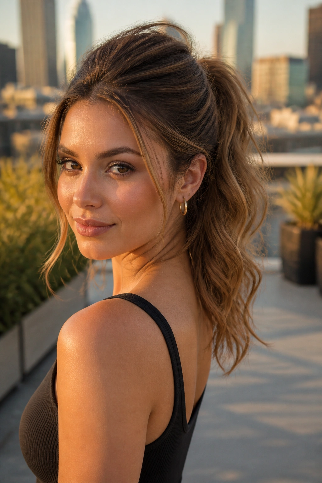 Portrait of woman with textured honey ponytail and crown lift outdoors