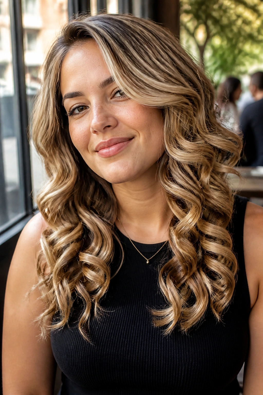 Close-up of a real woman with honey ribbon curls falling below the shoulders.