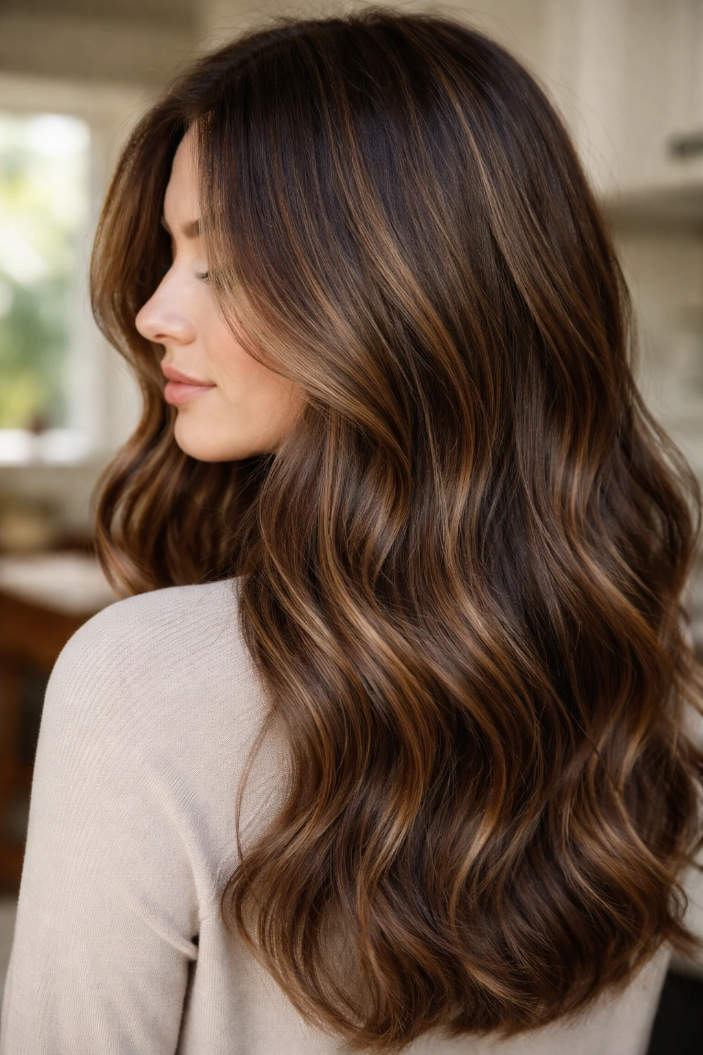 Close-up of hair with subtle honey ribboning woven through brown strands