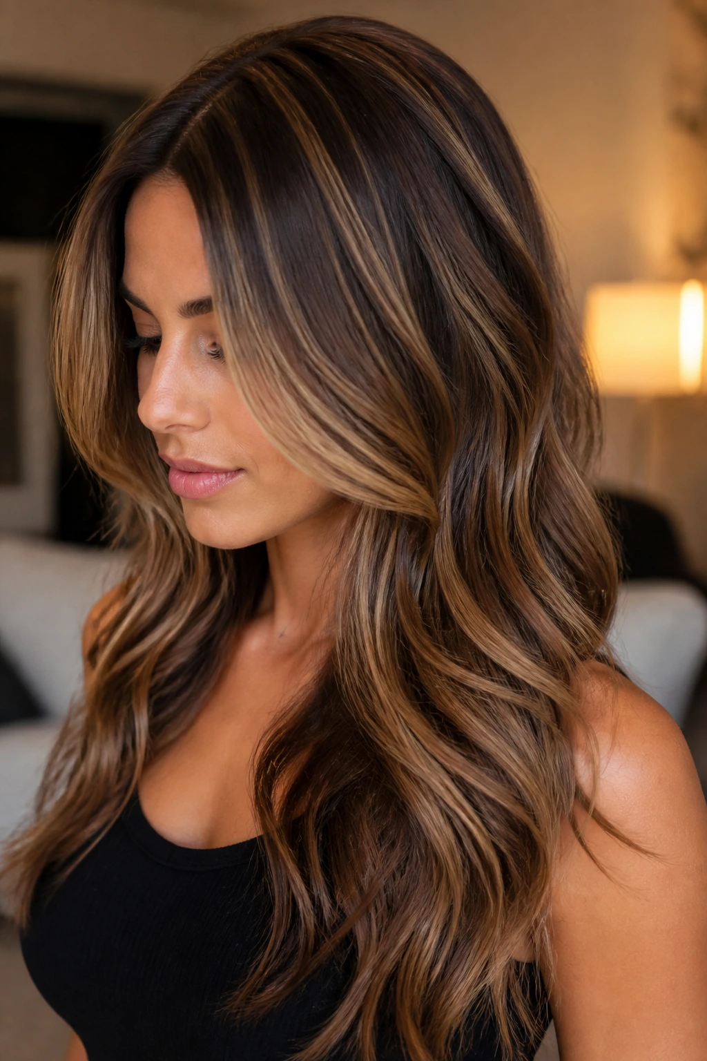 Portrait of a real woman with honey ribbons and caramel underlights in brown hair.