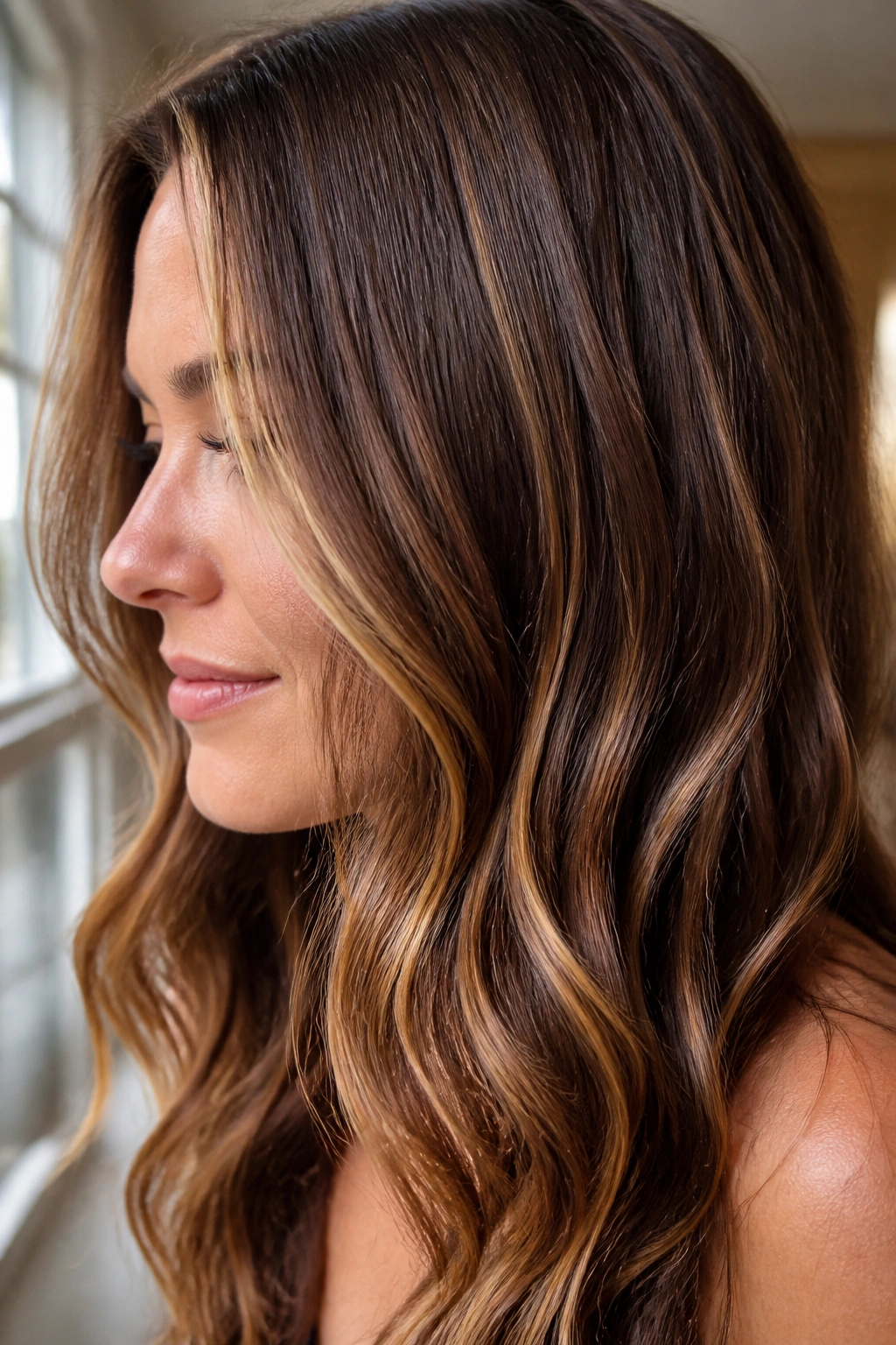 Close-up of chestnut brown hair with thin honey ribbons framing the face.