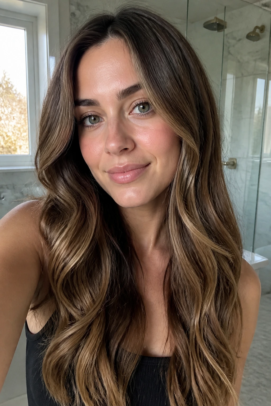 Close-up of a real person showing honey blonde ribbons in cool brown hair in daylight