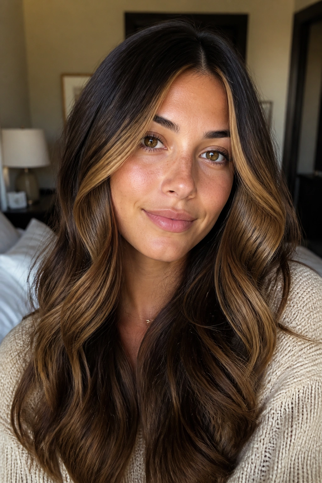 Close-up of a real woman with face-framing honey blonde ribbons on brown hair