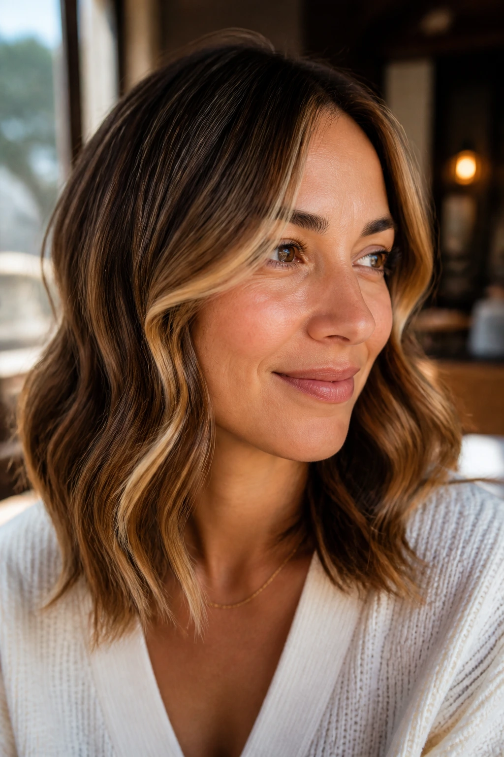 Close-up of a woman with honey ribbon highlights in mid-length waves.