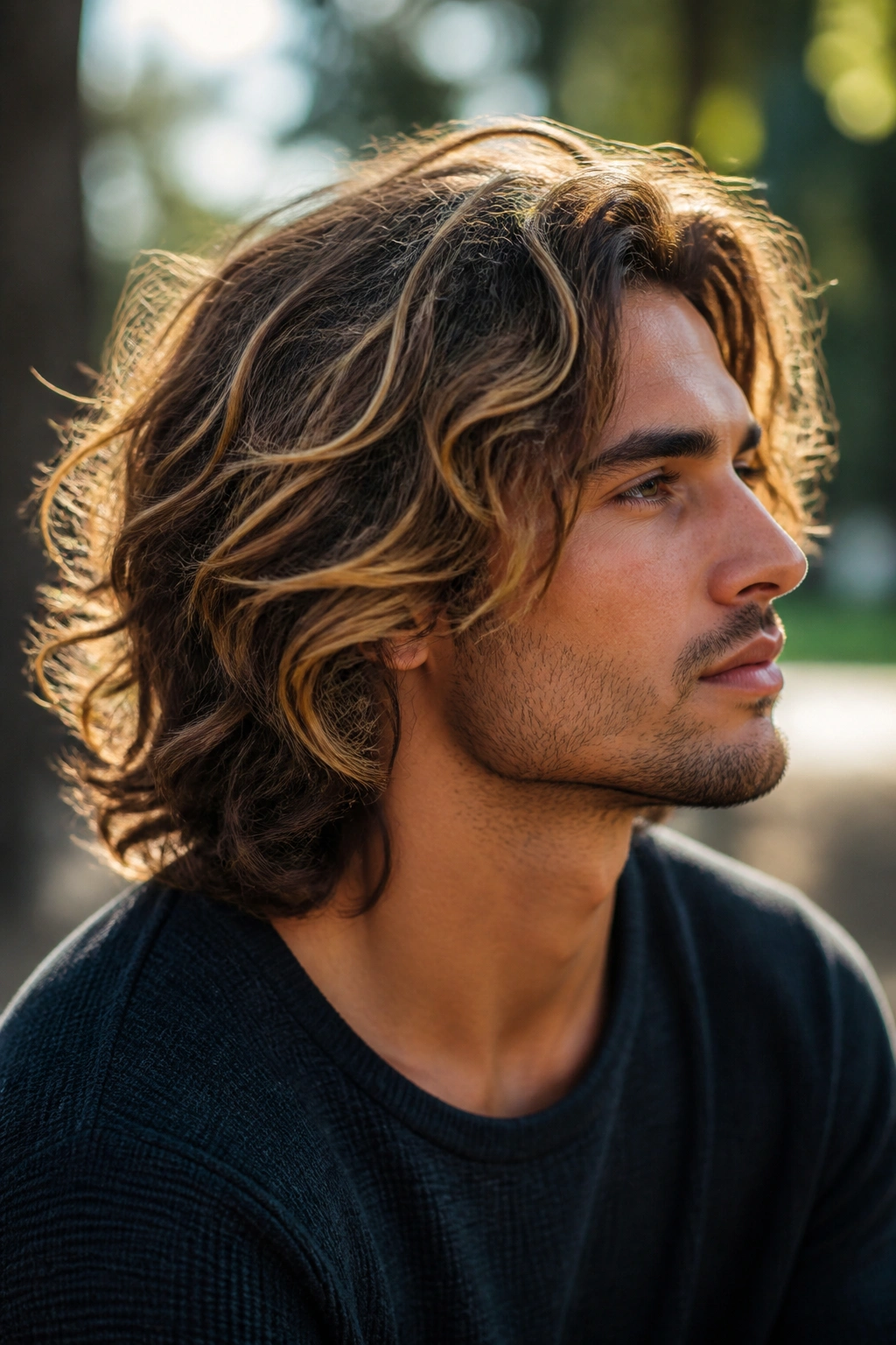 Close-up of a man with honey ribbons in wavy medium-length hair outdoors