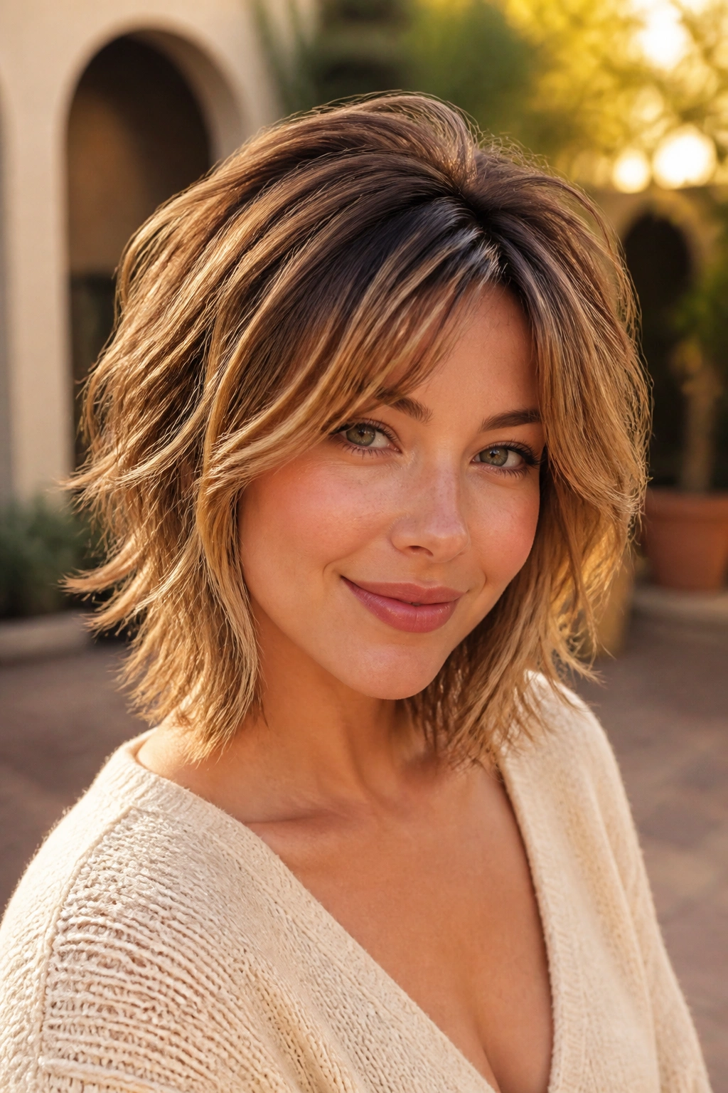 Woman with honey shag and airy crown layers, lifted crown and jaw-skimming sides in golden hour light