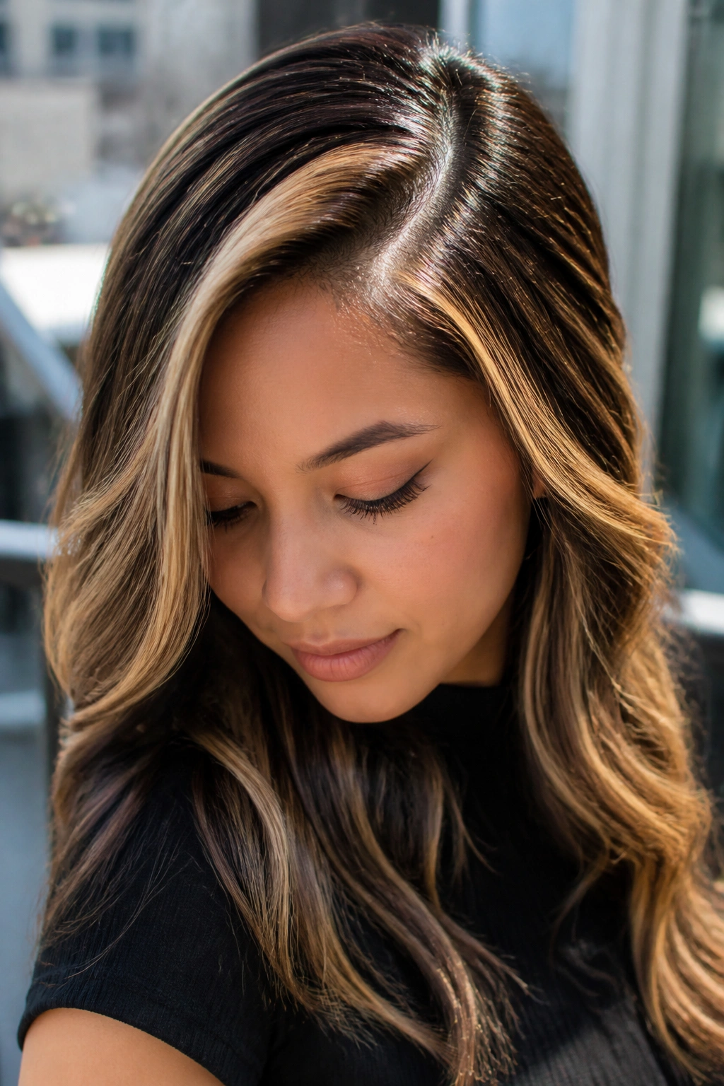 Close-up of a real woman with honey slices around a deep side part in bright daylight