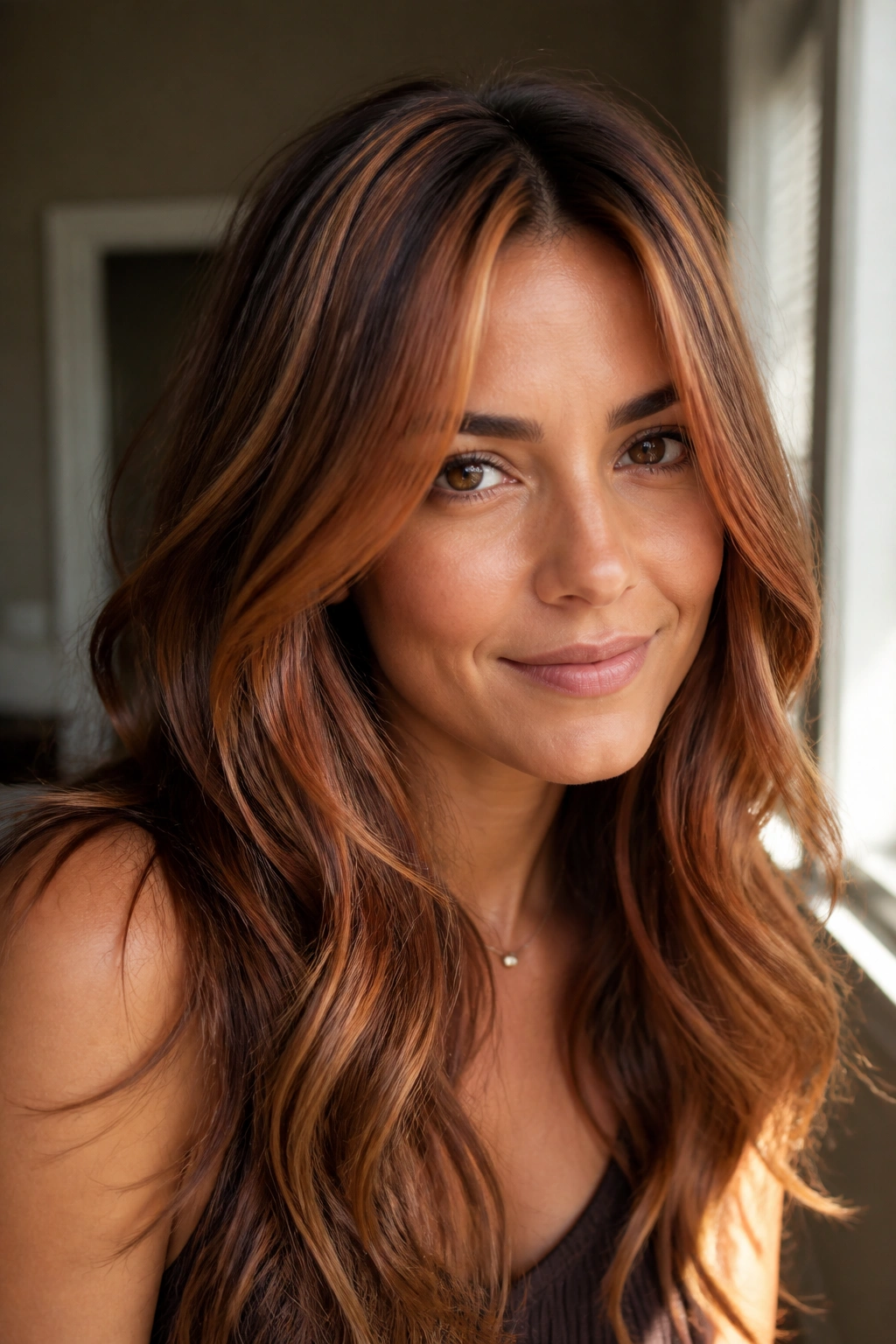 Close-up of a woman with honey-strawberry blend on brunette hair around the face