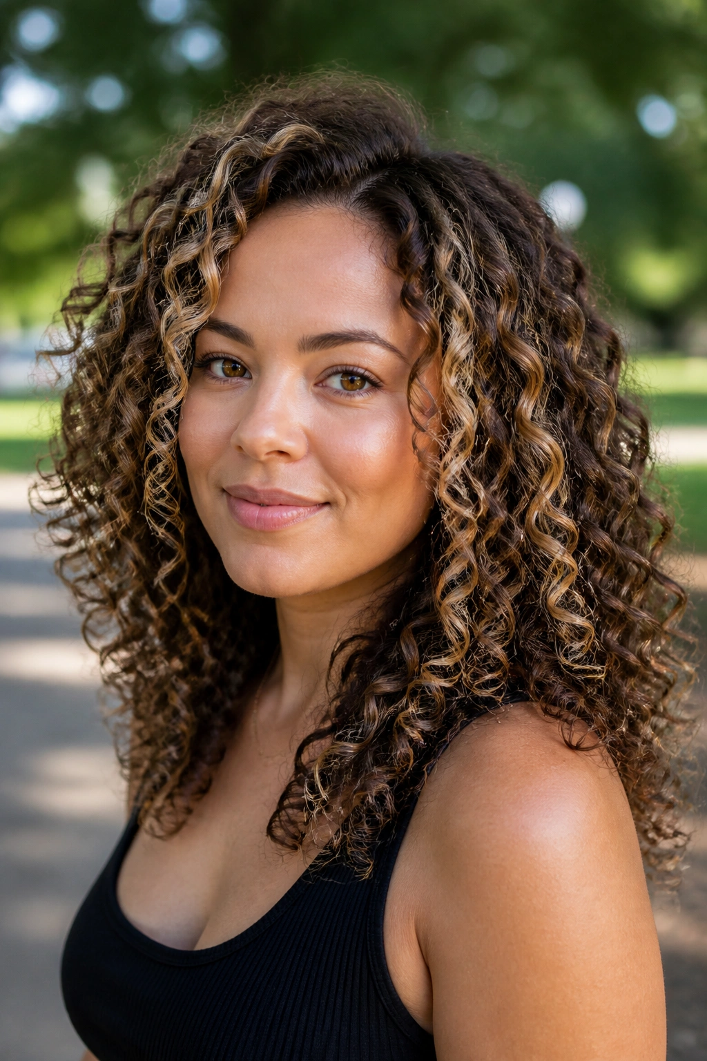 Close-up of a real woman with chunky honey streaks in curly hair