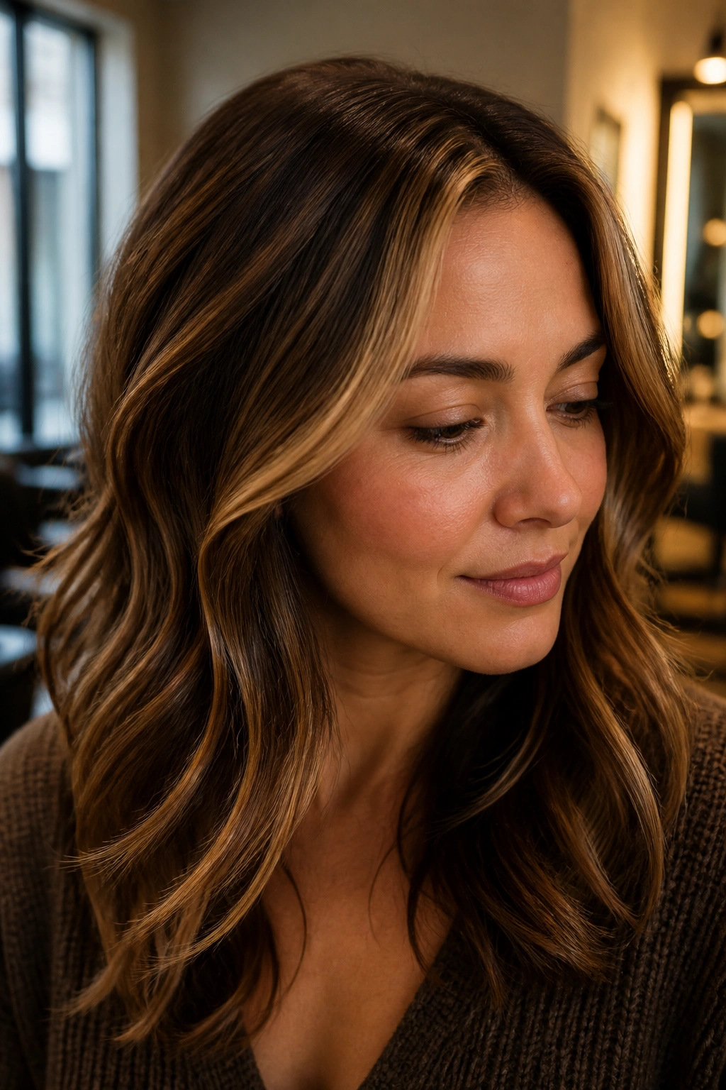 Close-up portrait of a woman with medium brown hair and subtle honey streaks at temples