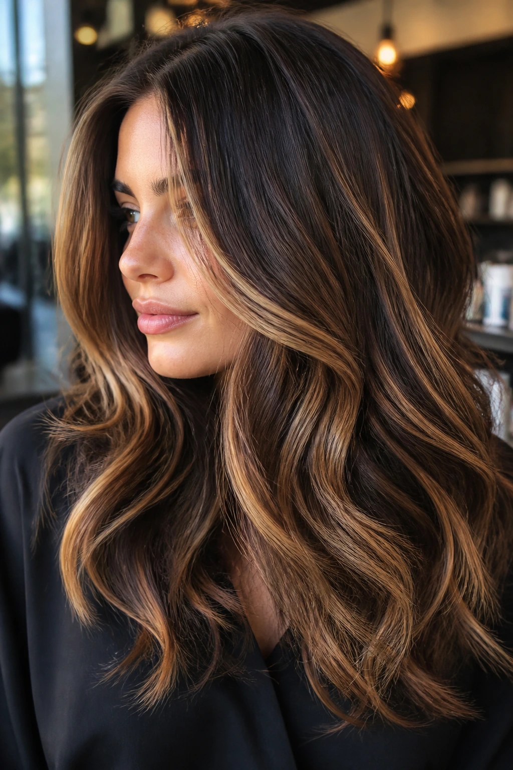 Close-up of a real woman with thick brown hair and bold honey streaks in a sunlit salon