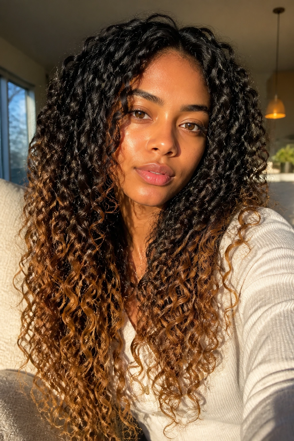 Close-up of a real woman with black curls and honey-tipped ends in warm window light